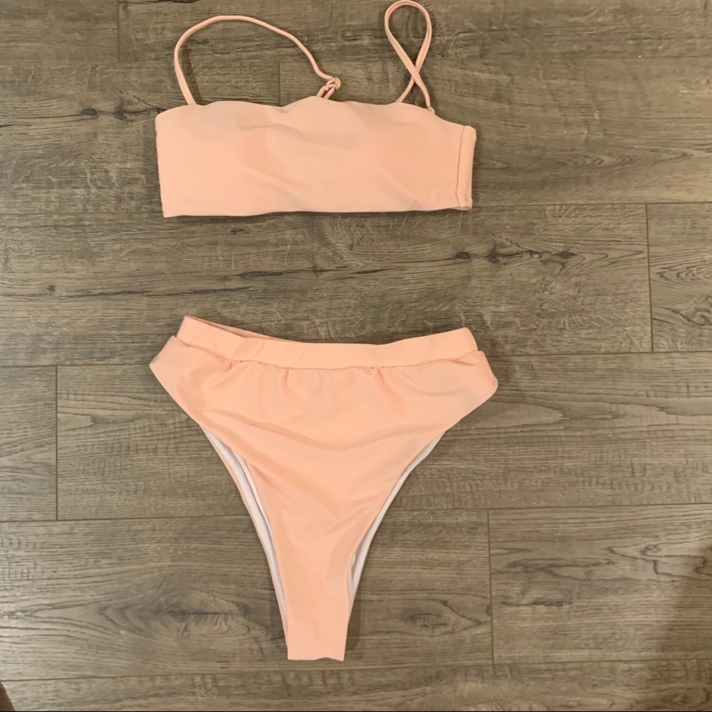 light pink high waisted bandeau bikini